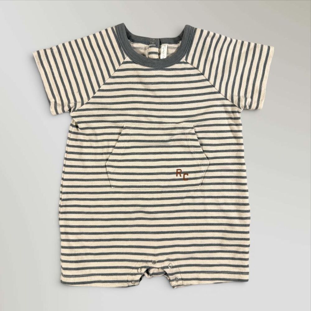 Rylee + Cru Slub Knit Romper Sea Stripe Gray Tan 100% Cotton Size 18-24 mo